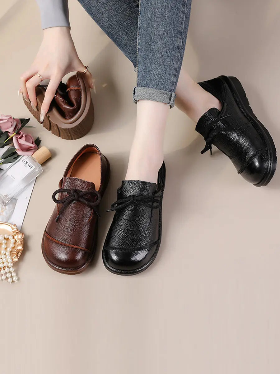 Women Vintage Leather Drawstring Flat Shoes Ada Fashion