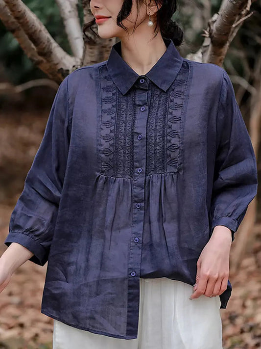 Women Vintage Spring Embroidery Ramie Loose Shirt Ada Fashion
