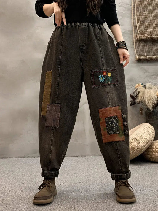 Women Vintage Spring Patch Embroidery Denim Harem Pants Ada Fashion