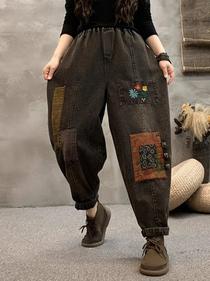 Women Vintage Spring Patch Embroidery Denim Harem Pants Ada Fashion