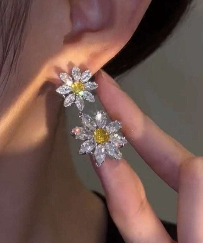 Women White Alloy Crystal Zircon Floral Drop Earrings EY007