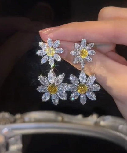 Women White Alloy Crystal Zircon Floral Drop Earrings EY007