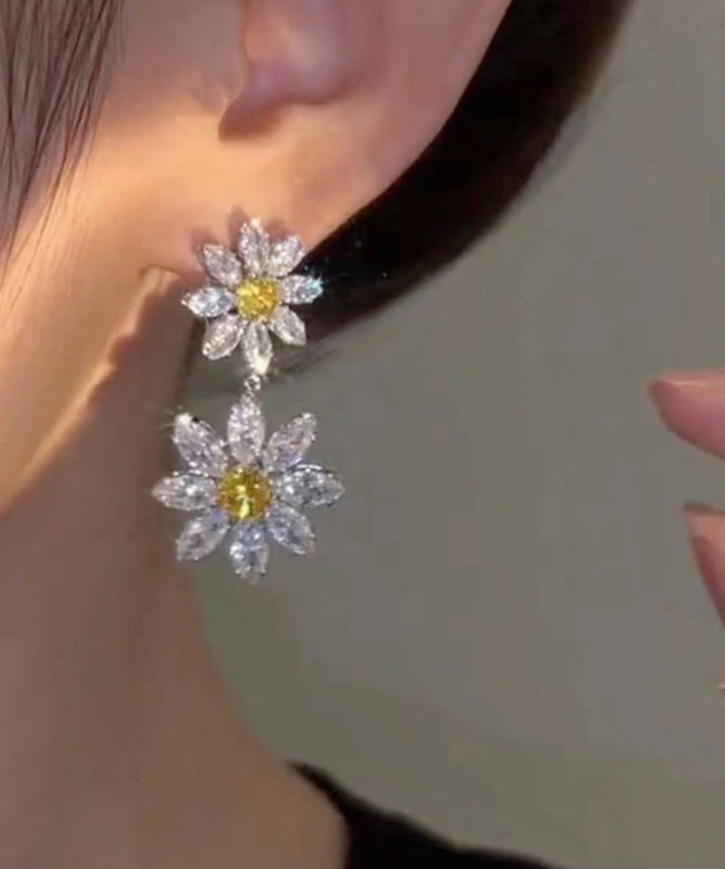 Women White Alloy Crystal Zircon Floral Drop Earrings EY007