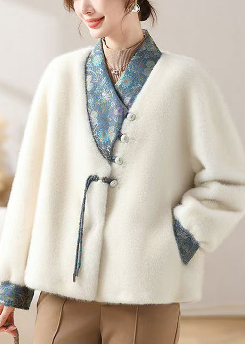 Women White Asymmetrical Button Mink Velvet Coat Winter RC017