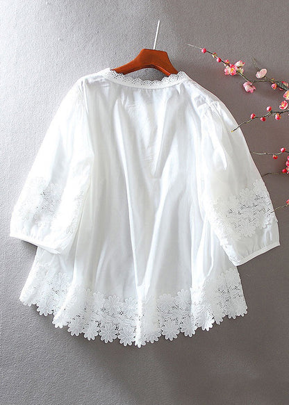 Women White Button Hollow Out Lace Patchwork Shirt Bracelet Sleeve VV002