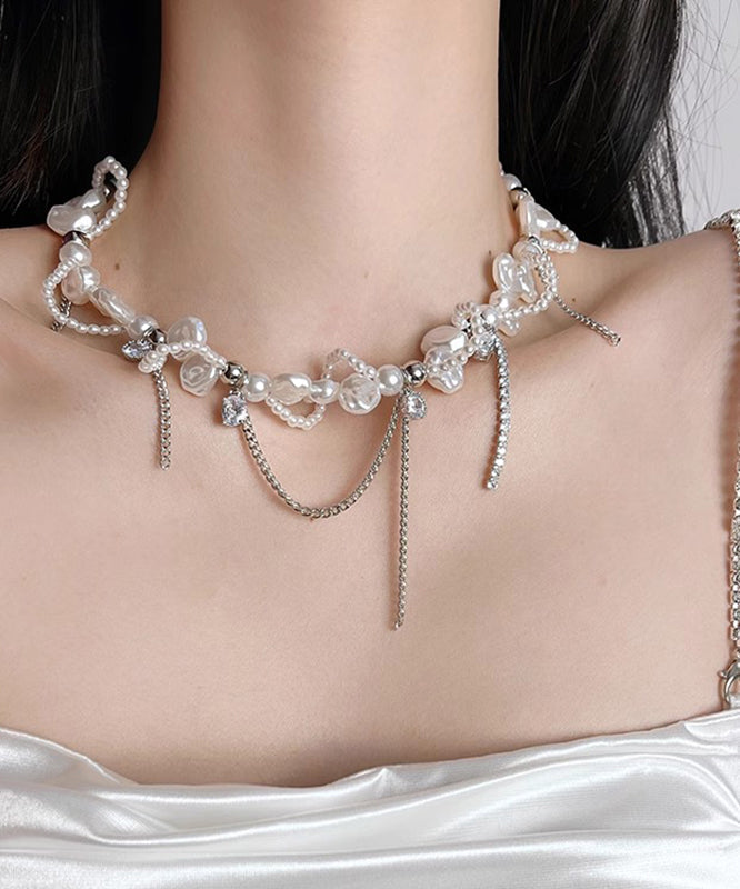 Lariat Necklace Zircon White Copper Pearl Chain Women