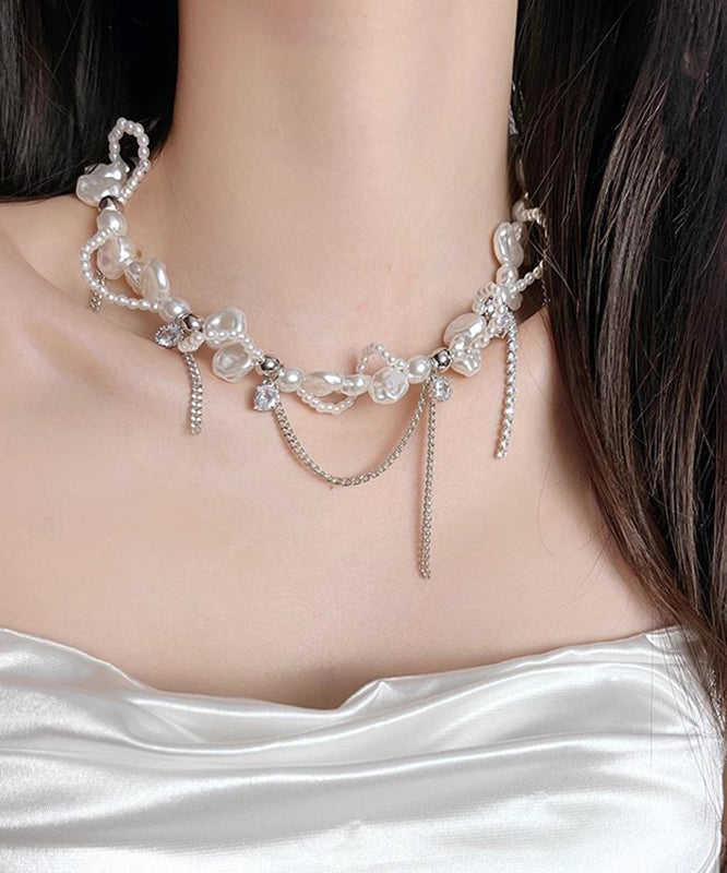 Lariat Necklace Zircon White Copper Pearl Chain Women
