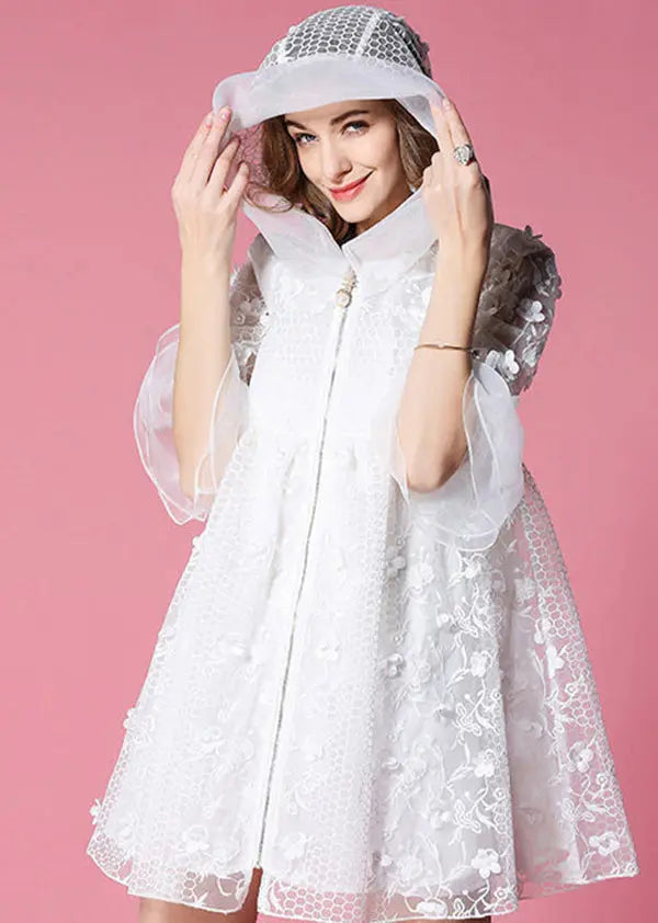 Women White Hooded Embroidered Tulle Mini Dresses Flare Sleeve Ada Fashion