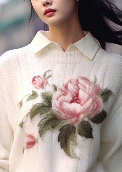 Women White O Neck Print Cozy Knit Sweaters Fall QS017