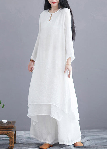 Women White O Neck Side Open Cotton Two Pieces Set Long Sleeve OP1015