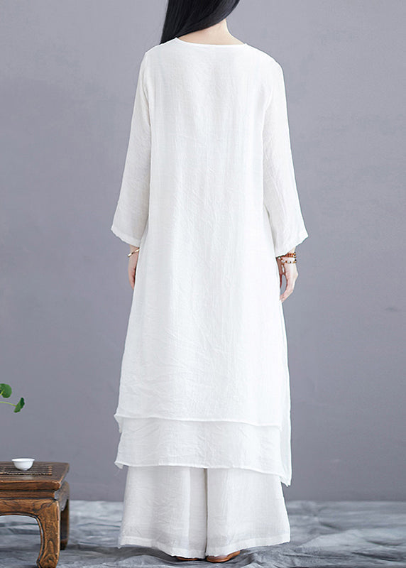 Women White O Neck Side Open Cotton Two Pieces Set Long Sleeve OP1015