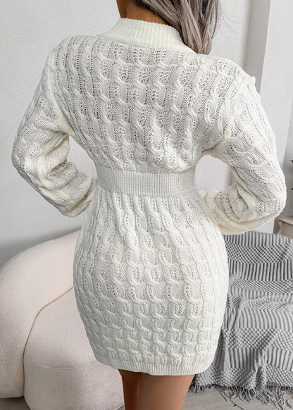 Women White O Neck Slim Fit Knit Sweater Dress Fall QR007