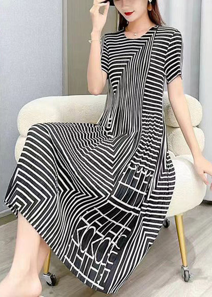 Women White O Neck Striped Wrinkled Silk Dresses Summer BV080