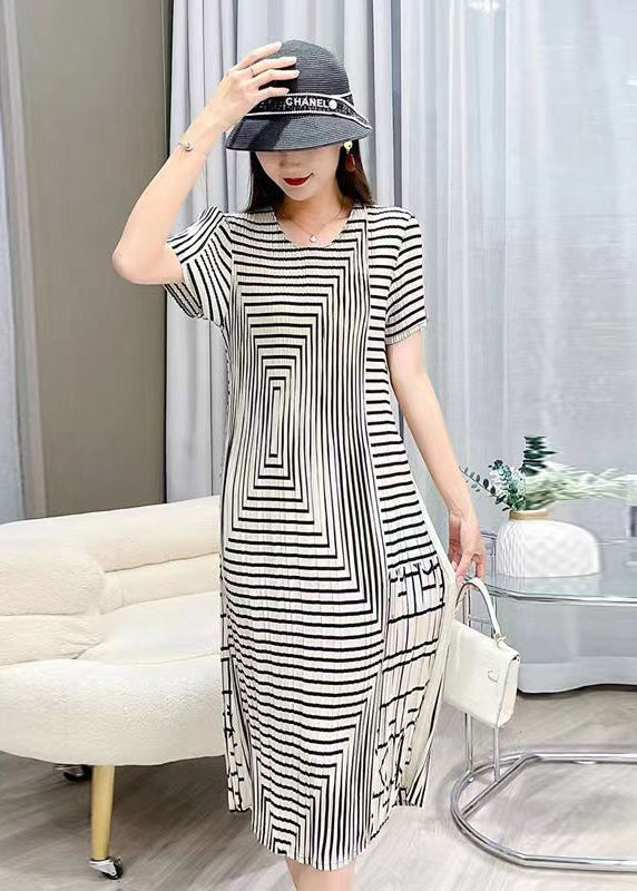 Women White O Neck Striped Wrinkled Silk Dresses Summer BV080