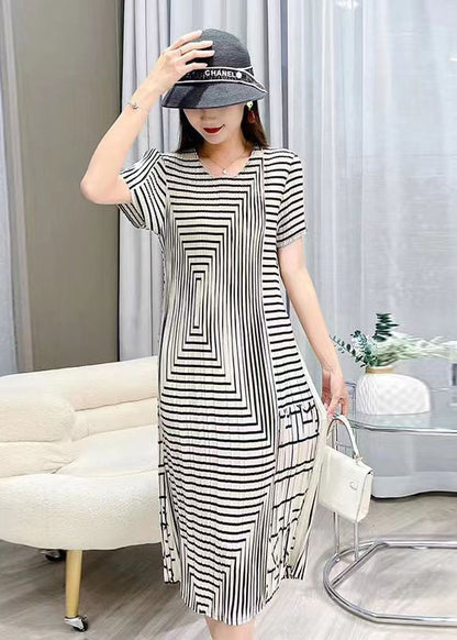 Women White O Neck Striped Wrinkled Silk Dresses Summer BV080