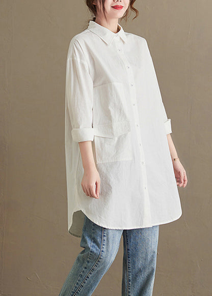 Women White Peter Pan Collar Pockets Cotton Shirt Top Fall OO036