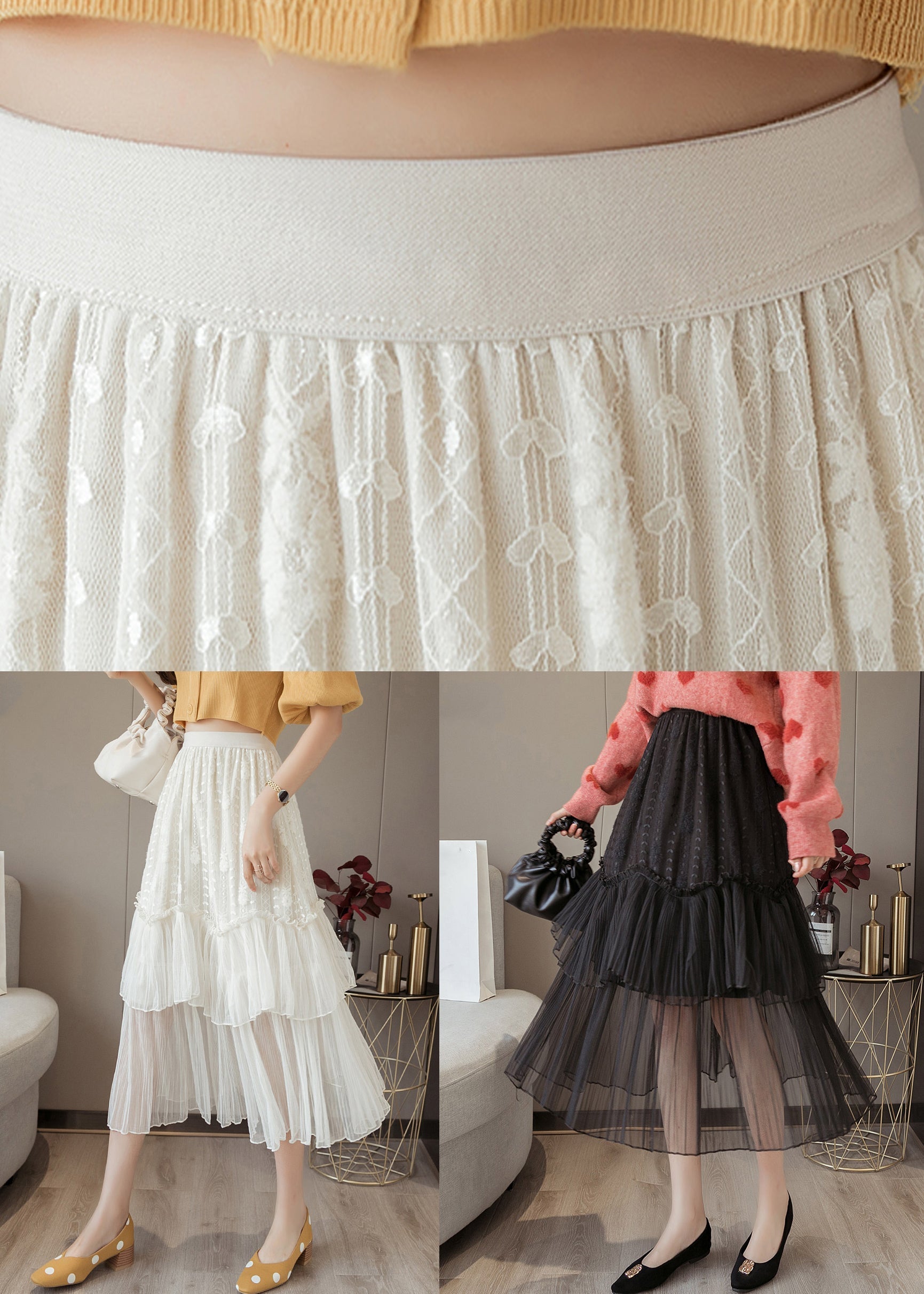 Women White Ruffled High Waist Chiffon Skirt Summer AS1001 Ada Fashion