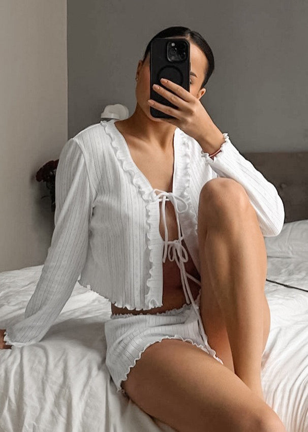 Knit Up Sommer Rüschen Outfit Frauen 2 Stück Spitze Weiß