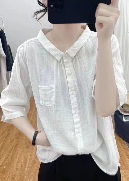 Women White Solid Button Cotton Shirts Bracelet Sleeve GH1026