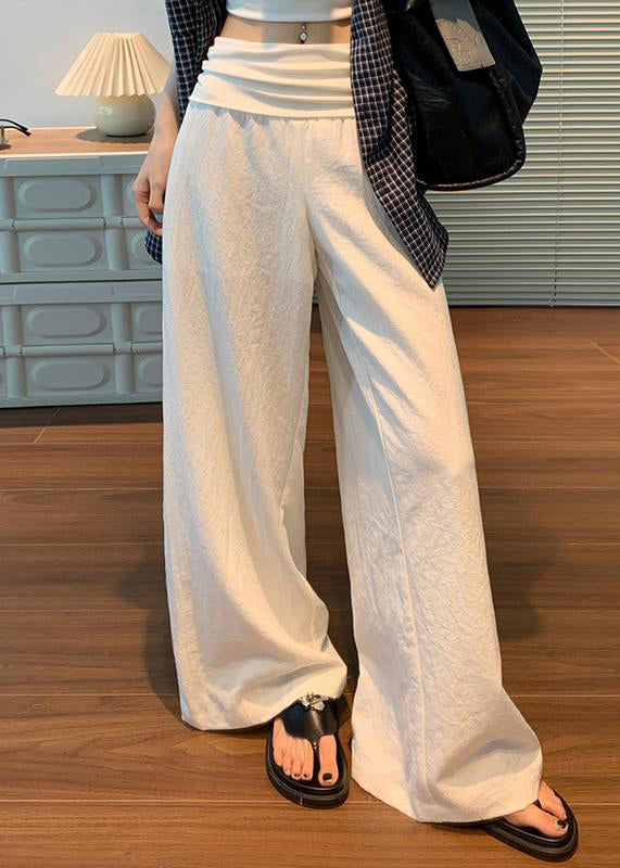 Waist Pants Elastic Linen Women White Solid Fall