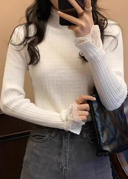 Women White Solid Lace Patchwork Knit Sweaters Fall QI017