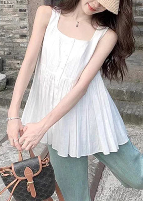 Square Sleeveless Shirt Women White Wrinkled Collar Cotton