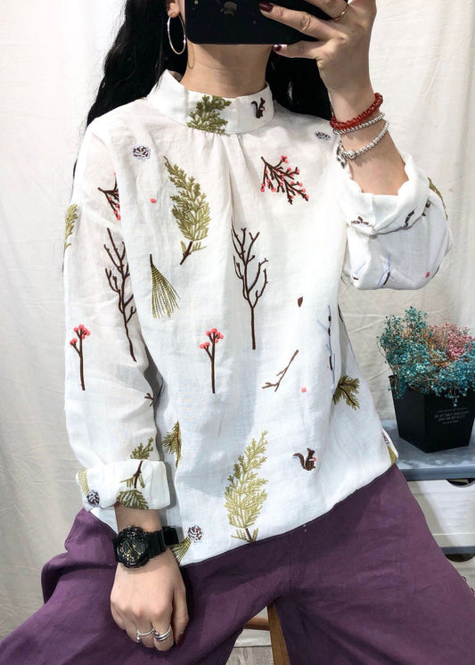 Women White Stand Collar Embroidered Linen Blouses Long Sleeve GH1036