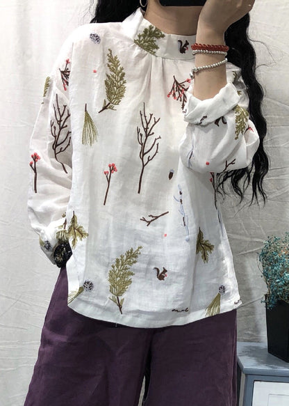 Women White Stand Collar Embroidered Linen Blouses Long Sleeve GH1036