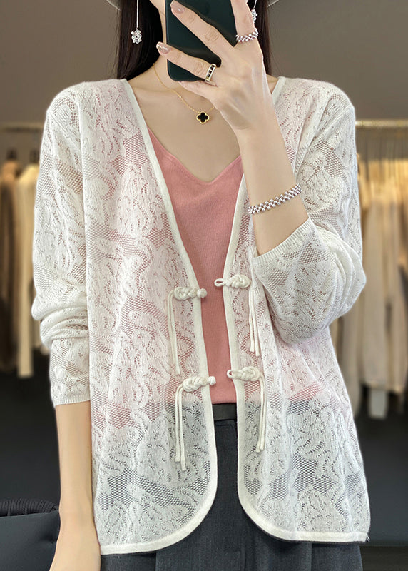 Women White V Neck Chinese Button Knit Cardigan Fall AB1049