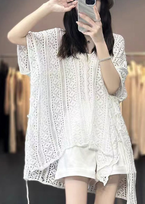 V Shirts Women Hollow Knit Neck T Summer White Out