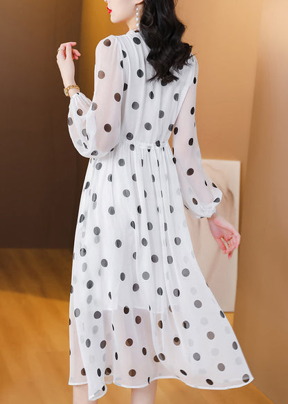 Women White V Neck Print Drawstring Chiffon Dress Lantern Sleeve BB003