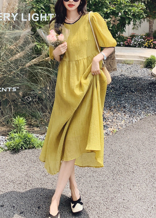 Robe d'été en coton patchwork à col rond jaune pour femme XX024