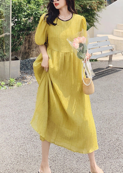 Women Yellow O Neck Patchwork Cotton Dress Summer XX024