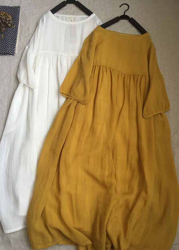 Robe longue plissée à col rond et manches courtes pour femme, jaune, GH1087