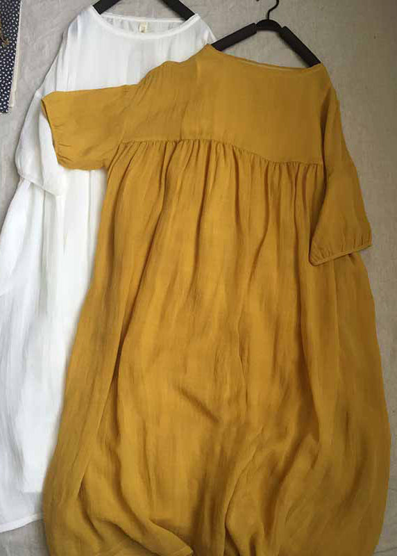 Robe longue plissée à col rond et manches courtes pour femme, jaune, GH1087