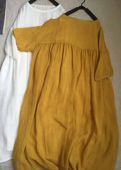 Women Yellow O-Neck Patchwork Wrinkled Long Dresses Short Sleeve GH1087