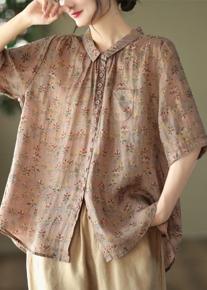 Women Yellow Peter Pan Collar Print Linen Shirt Tops Summer AP084