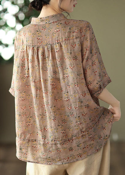 Women Yellow Peter Pan Collar Print Linen Shirt Tops Summer AP084