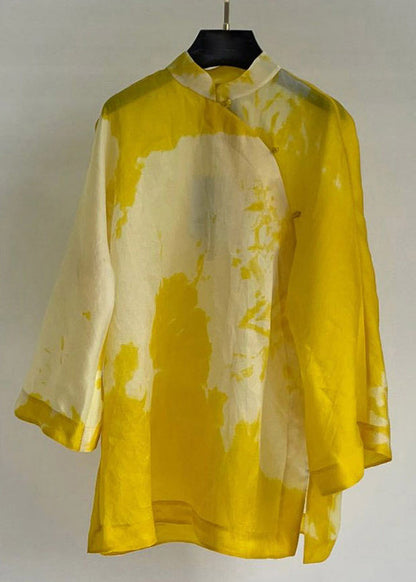 Women Yellow Stand Collar Button Cotton Shirt Long Sleeve Ada Fashion