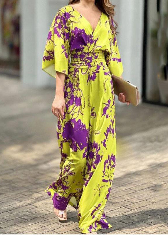Cotton Neck Jumpsuit Summer Yellow Women V Print