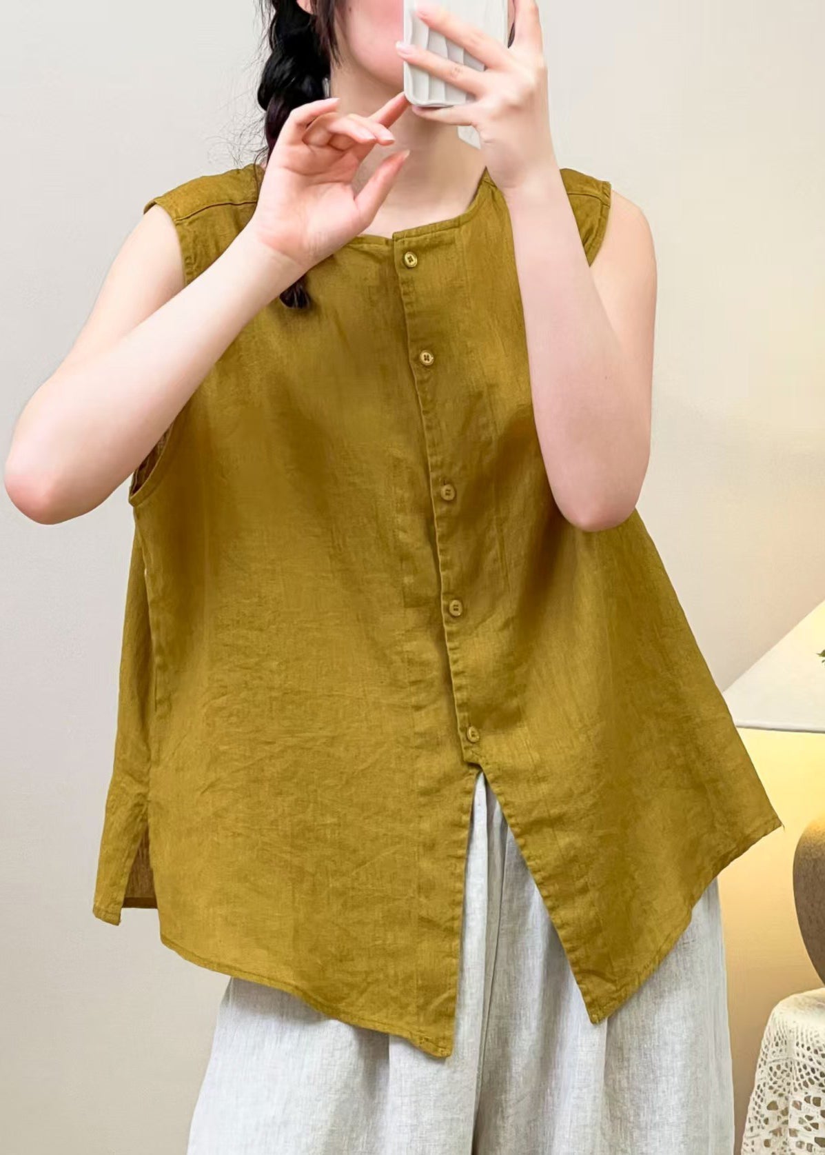 Summer Sides Linen Women Yellow Wear Blouses Both On