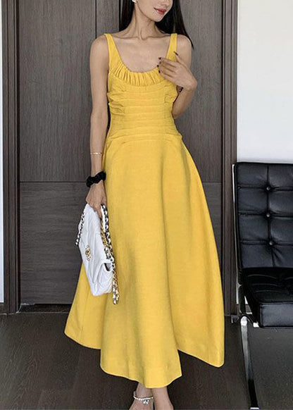 Women Yellow Wrinkled Solid Cotton Spaghetti Strap Dress Sleeveless XX080