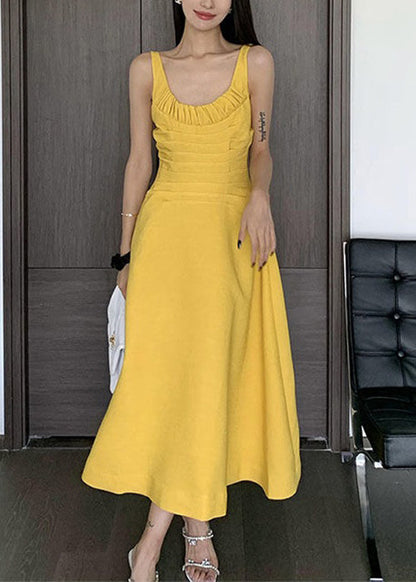 Women Yellow Wrinkled Solid Cotton Spaghetti Strap Dress Sleeveless XX080