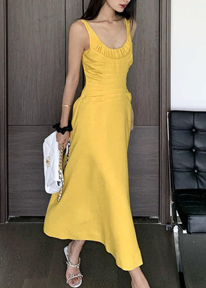 Women Yellow Wrinkled Solid Cotton Spaghetti Strap Dress Sleeveless XX080