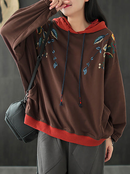 Plus Size Women Autumn Leaf Hooded Colorblock 100%Cotton Sweatshirt WG023