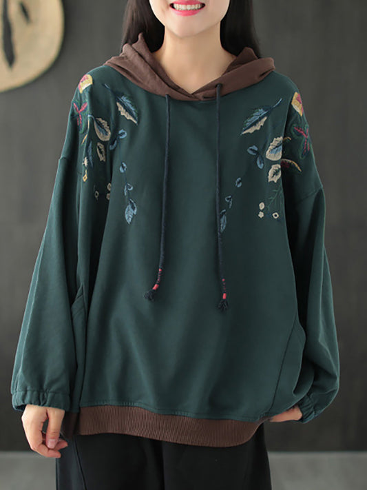 Plus Size Women Autumn Leaf Hooded Colorblock 100%Cotton Sweatshirt WG023