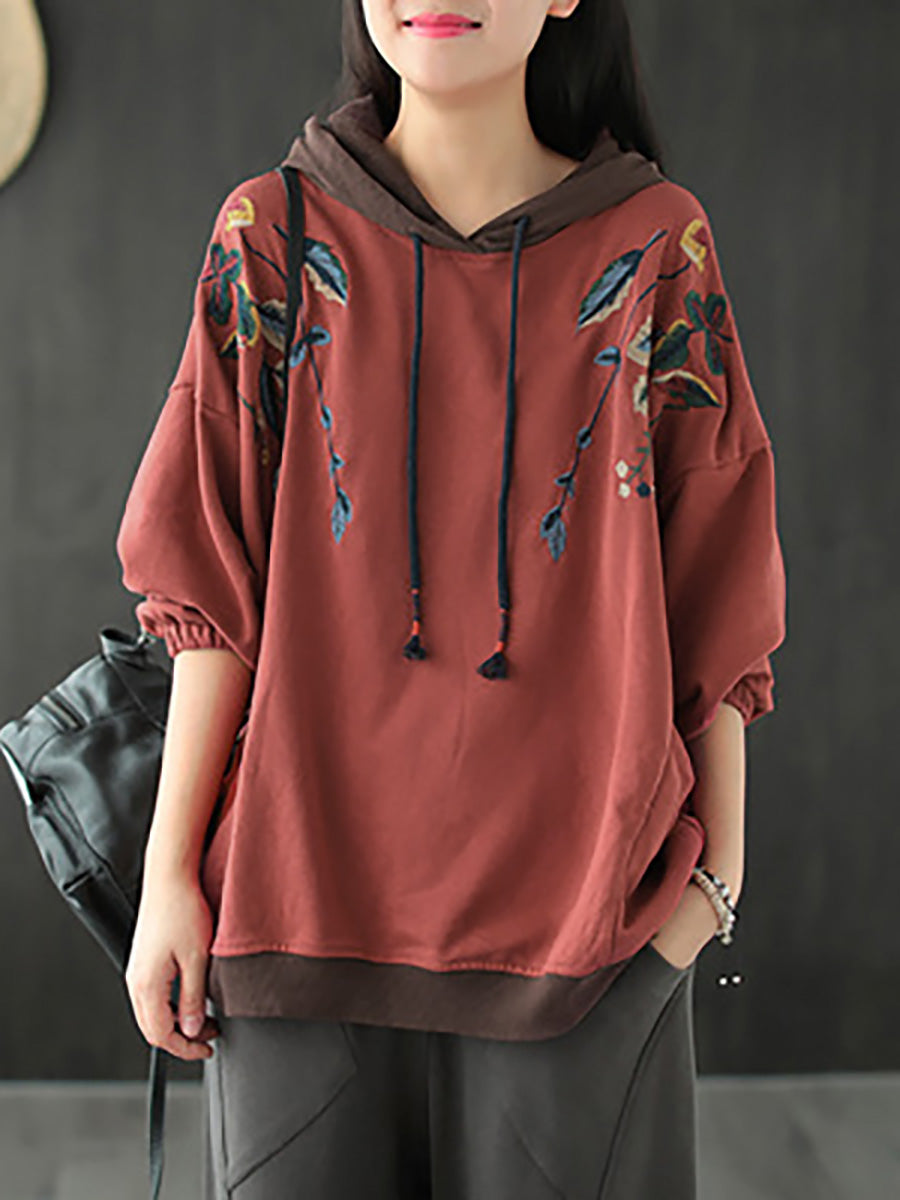 Plus Size Women Autumn Leaf Hooded Colorblock 100%Cotton Sweatshirt WG023