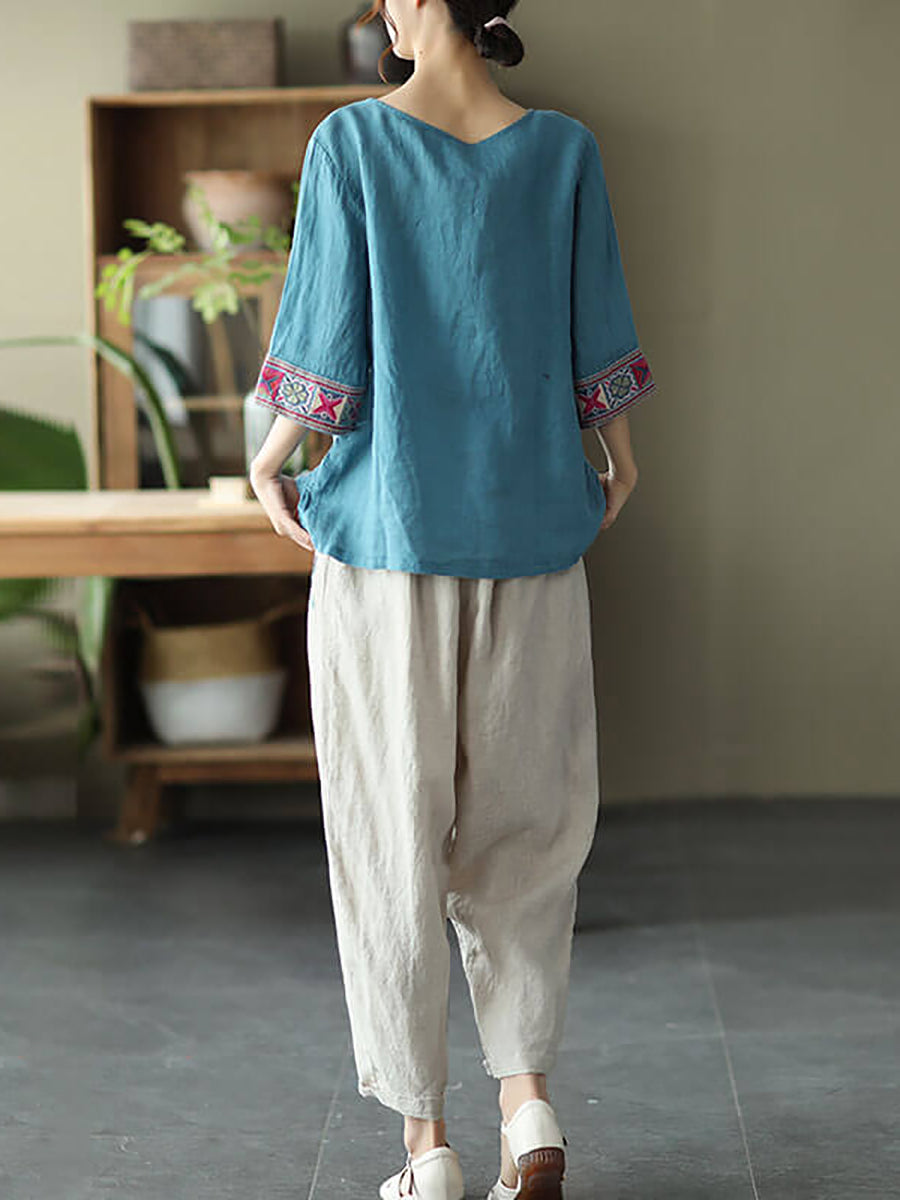 Plus Size Women Linen Vintage Embroidered T-shirt QW1029