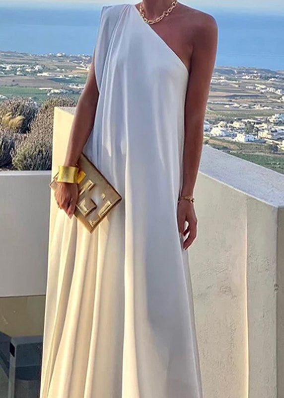 Women's Shoulder White Summer Solid Dress One Long