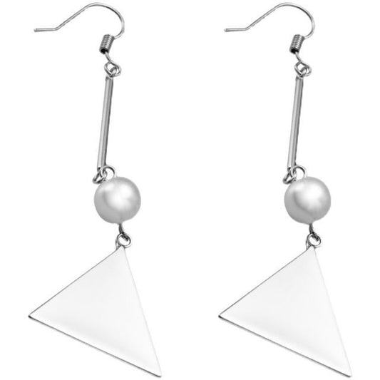 Silver Pearl Triangle Dangle Earring Faux Sterling
